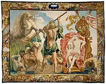 Tapisserie d'Évrard Leyniers, Neptune fait naître le cheval en frappant la terre de son trident, d'après un carton de Jacques Jordaens, vers 1650-1660.