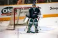 Ievgueni Nabokov ancien joueur des Sharks de San José (LNH)On observe clairement les deux gants différents du gardien