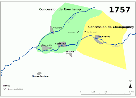 Une petite concession au nord-ouest (Mourière) avec deux puits, une grande concession au nord ou se trouve tous les puits anciens entre Ronchamp et Campagney ; une autre grande concession au sud comprenant surtout des puits récents creusés autour d'Éboulet et de Magny-Danigon.