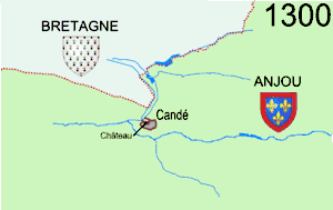 Évolution territoriale de Candé depuis le Moyen Âge. Les cours d'eau suivent leur tracé actuel.