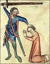 Enluminure représentant un homme à genoux, en posture de prière. Un autre homme lui tient la tête et lève une épée pour se préparer à le tuer.