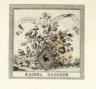 Un ex-libris héraldique du XIXe siècle, gravé pour Rachel Beer, aux armes Sassoon, avec des éléments décoratifs