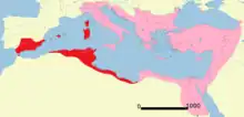 Carte représentant l'exarchat d'Afrique dans la région méditerranéenne