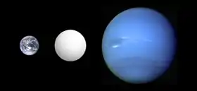 Tailles comparées de laTerre, de CoRoT-7 b et de Neptune.