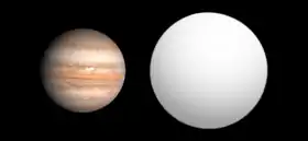 Tailles comparées de Jupiter (à gauche)et de HD 209458 b.