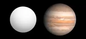 Comparaison de la taille de SWEEPS-4 b (à gauche) avec celle de Jupiter (à droite).
