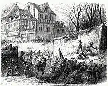 Gravure représentant les révolutionnaires tentant de pénétrer en ville, ils sont repoussés par la canonnade du général Fleury-Duray dont les troupes sont massées en rang serrés à l'arrière-plan.