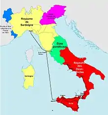 Carte de la péninsule italienne avec les divers royaumes ainsi que le trajet de l'expédition des Mille