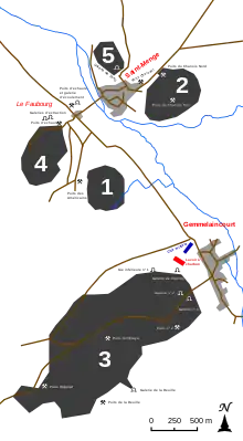 Carte localisant les travaux miniers et les villages.