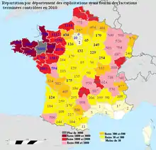 Carte de France couleur avec gradient de couleur en fonction du nombre d'exploitations laitières. La partie la plus importante va de la Vendée au Nord, en passant par Bretagne, Pays de la Loire, Normandie et Hauts-de-France.