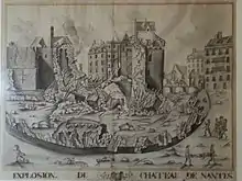 Gravure représentant l'explosion du château.