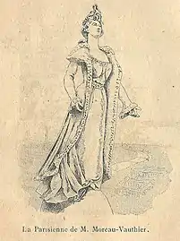 La Parisienne (1900) de Paul Moreau-Vauthier, surplombant la Porte monumentale, dessin de presse.