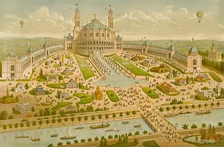 La partie rive droite de l'exposition universelle de 1878 à Paris, dominée par le palais du Trocadéro.