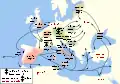 Expulsion des communautés juives européennes entre 1110 et 1600 ; les noms des pays qui expulsent sont en caractères noirs, ceux des pays d'accueil sont en caractères rouges (parmi lesquels des pays arabes).