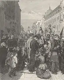 Dessin de la cohue de la rue de Sèvres ; des militaires y saisissent les jésuites tandis que des catholiques prient pour les congréganistes.