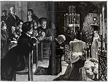 Dessin monochrome de fidèles en prière dans une chapelle.