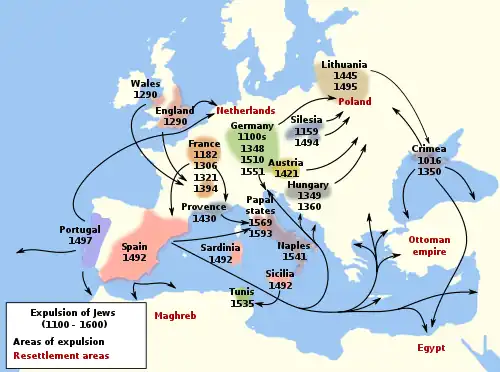 Carte des expulsions de Juifs des territoires européens entre 1100 et 1600.