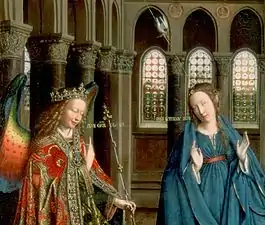 Détail de peinture. L'ange et Marie, richement habillés, sont placés dans une église de style gothique.