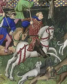 Illustration en couleur d'un homme chassant à cheval.