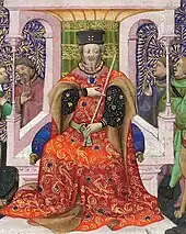 Illustration en couleurs d'un prince assis sur son trône.
