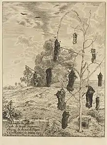 Illustration de taupes mortes pendant aux branches d'un arbre sec comme des boules de Noël dans un bocage ; au troisième plan un personnage de dos s'en va avec un bâton sur l'épaule d'où pendent également quelques taupes mortes.