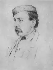 Buste de Félix Milliet dessiné, vue de côté. Il est en costume et porte un petit chapeau. Il a une bonne moustache et des cheveux courts.