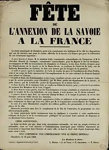 Affiche titrant : « Fête de l'annexion de la Savoie à la France », en 1860.
