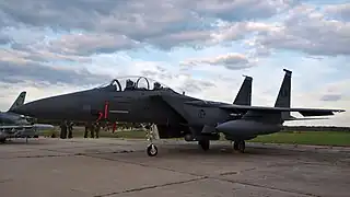 Cet avion F-15E Strike Eagle du 48th Fighter Wing fut perdu accidentellement durant l'opération Odyssey Dawn en Libye le 22 mars 2011.