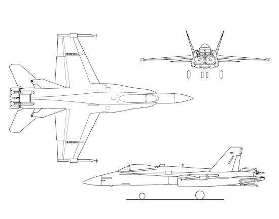 Plan trois vues du F-18 HARV.