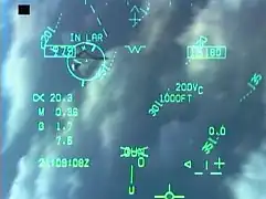 VTH d'un F/A-18 lors d'une simulation d'un combat au canon contre un F-22.