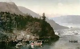 Peinture en couleur représentant des hommes embarquant sur de petits bateaux sur une rivière en aval de chutes