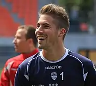 Photographie de Benjamin Lecomte en 2013 pendant un entraînement du FC Lorient.