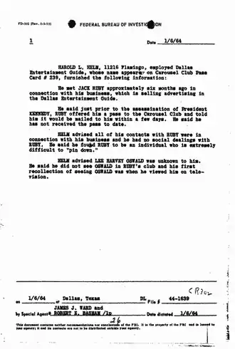 feuille de papier dactylographiée portant l'en-tête du FBI et comportant le nom de Jack Ruby