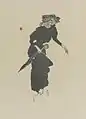 Lithographie en noir et blanc figurant une femme tenant un parapluie.