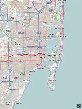 La carte de la route 836, dont le tracé est en rouge, dans le grand Miami. Il est à noter qu'elle s'étend plus vers l'ouest.