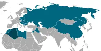 Carte bicolore de l'Asie, l'Afrique et l'Europe.