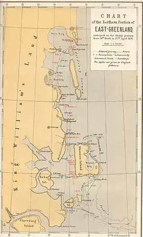 Carte de 1870 montrant les îles côtières du NE du Groenland