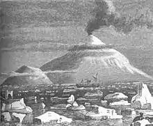 Illustration ancienne en noir et blanc avec un bateau voguant au milieu des icebergs et dominé par une île volcanique coiffée d'une colonne de fumée.