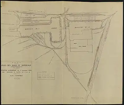 Situation schématique au 1er novembre 1944 des bassins à flots n°1 et 2 après les bombardements. Plan de la S.N.C.F. Archives de Bordeaux Métropole, Bordeaux XXVIII R 9. BORDEAUX Fi XXVIII C 9