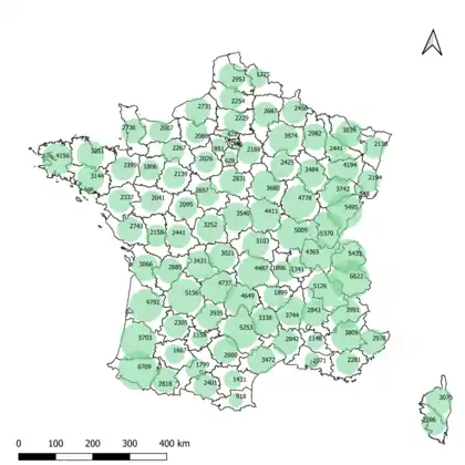 Carte des volumes des précipitations efficaces par département en France métropolitaine en 2016.