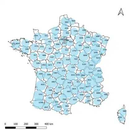 Carte des volumes des précipitations totales par département en France métropolitaine en 2016 (en millions de mètres cubes).