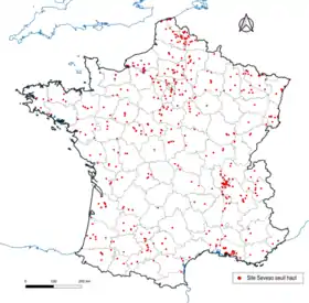 Carte des sites Seveso seuil haut en France métropolitaine hors Corse