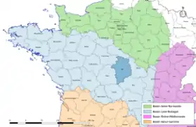 Localisation du département du Cher sur la carte des bassins hydrographiques français
