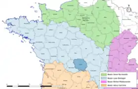 Localisation du département de la Creuse sur la carte des bassins hydrographiques français.