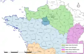 Localisation du département d'Eure-et-Loir sur la carte des bassins hydrographiques français.