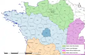 Localisation du département de l'Indre sur la carte des bassins hydrographiques français.