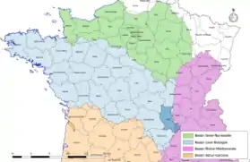 Localisation du département de la Loire sur la carte des bassins hydrographiques français.