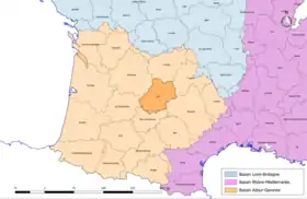 Localisation du département du Lot sur la carte des bassins hydrographiques français.