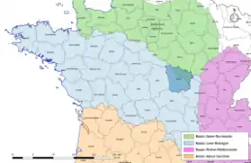 Localisation du département de la Nièvre sur la carte des bassins hydrographiques français.