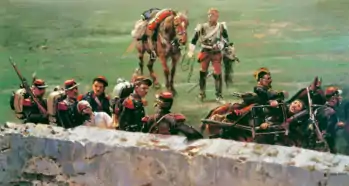 Panorama de la bataille de Rezonville, détail. Musée des beaux-arts de Montréal. « L'artillerie de la garde, à cheval sur la grande route conduisant à Vionville et à Mars-la-Tour, et reliée sur sa droite, à l'artillerie du 6e corps. »